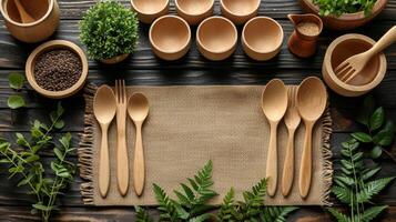 AI generated eco-friendly disposable tableware made of paper and wood on the background. the concept of recycling photo