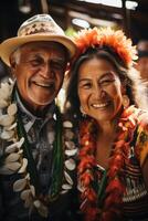 AI generated Portrait of a happy elderly couple on vacation in national costumes. Journey photo