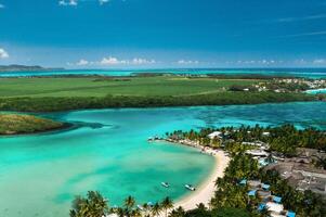 View from the height of the east coast of the island of Mauritius in the Indian Ocean. Beautiful lagoon of the island of Mauritius, photo