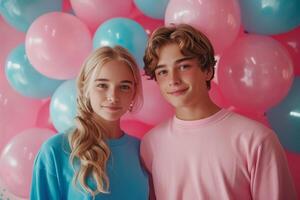 ai generado un joven Pareja en un antecedentes de rosado y azul globos género fiesta foto