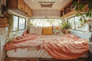 AI generated The cozy interior of the bedroom in the motorhome. Places to sleep in a camper van photo