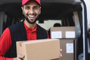 Young delivery man carrying cardboard box - People working with fast deliver transportation photo