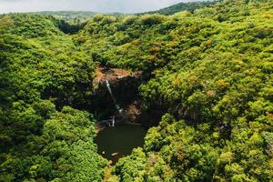 Aerial view from above of the Tamarin waterfall seven cascades in the tropical jungles of the island of Mauritius photo