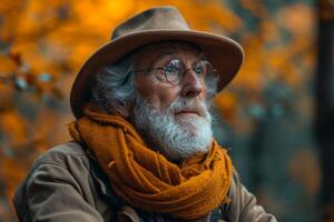 AI generated Portrait of an elderly man in close-up in an autumn park photo