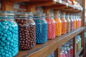 ai generado un montón de vistoso golosinas y caramelo dulces en el estante en el Tienda foto