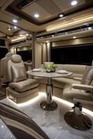 AI generated Luxurious interior inside the motorhome. The concept of a comfortable journey photo