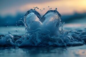 ai generado un corazón hecho de salpicaduras de agua en contra el antecedentes de el mar. el concepto de amor foto