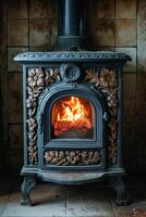 ai generado hierro fundido estufa en un rústico casa con un fuego iluminado dentro a calor el casa foto