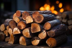 AI generated The chopped logs are in a stack. A wall of firewood, a background of dry chopped firewood photo