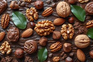 AI generated Walnuts in the shell and without it lie on the surface. Background of fresh walnuts photo