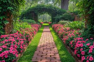 AI generated An alley in the park, a tree-lined footpath through the park in summer photo