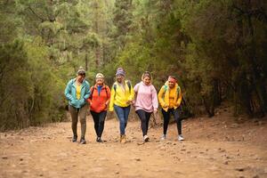 Group of women with different ages and ethnicities having fun walking in foggy forest - Adventure and travel people concept photo