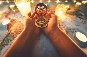 Top view female hands planning vacation equipped with world map and vintage nautical compass - Travel tour adventure lifestyle people and discovering destinations concept photo