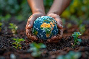 AI generated Close-up of a man's hands holding a globe of the earth. Earth Day Concept Save the World save the environment photo