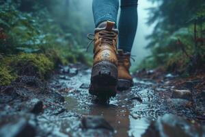 AI generated A man walking through mud in the middle of the jungle in rainy weather photo