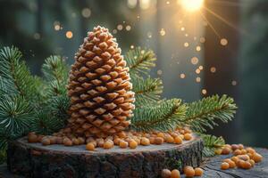 ai generado un pino cono y nueces son acostado en un tocón en el bosque. cedro cono foto