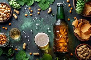 AI generated Realistic beer bottle with golden bubbles on the background with snacks. A refreshing drink without a label photo