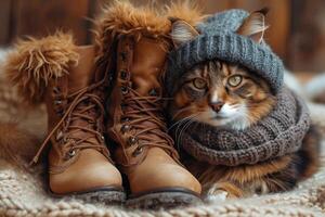 ai generado un gato en un invierno sombrero y bufanda en el tarde en invierno en el calle cerca el del propietario Zapatos foto