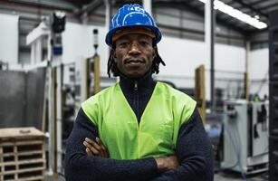 African engineer man working inside robotic factory - Industry concept photo