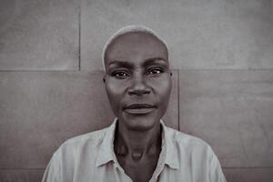 Black and white portrait of African middle aged woman - Elderly afro female looking in front of camera photo