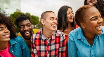 Young multi ethnic friends having fun together hanging out in the city - Friendship and diversity concept photo