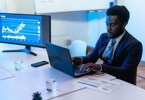 Business trader man working on crypto currency markets with blockchain technology - Decentralized finance and stock exchange concept photo