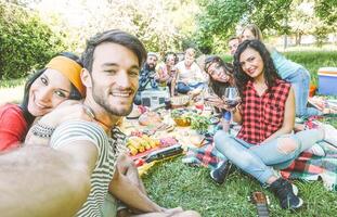 grupo de amigos tomando un selfie en el parque en un soleado día - contento personas teniendo un picnic comiendo y Bebiendo vino mientras tomando foto con un móvil teléfono - amistad, estilo de vida, recreación concepto