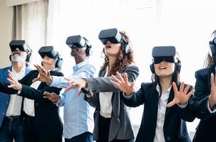 Multiracial business people wearing futuristic virtual reality glasses technology - Metaverse concept photo