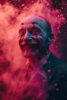 AI generated A cheerful smiling man in pink smoke. The man in pink powder photo