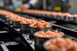 AI generated Production of canned fish. Tin cans of fish on the conveyor photo