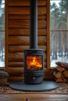 AI generated cast-iron stove in a rustic house with a fire lit inside to heat the house photo