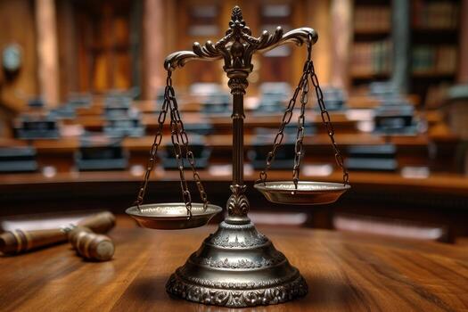 AI generated The scales of justice are on the table in the interior photo