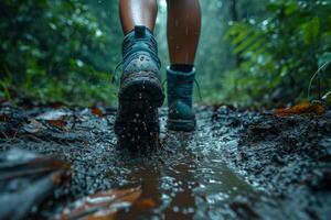 AI generated A man walking through mud in the middle of the jungle in rainy weather photo