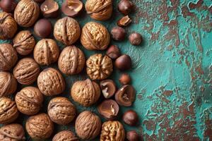 AI generated Walnuts in the shell and without it lie on the surface. Background of fresh walnuts photo