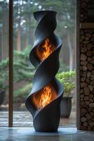 AI generated Modern designer black cast iron fireplace in a country house with a burning fire photo