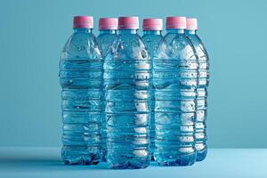 AI generated Lots of plastic bottles on a blue background photo