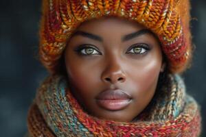 ai generado invierno retrato de un joven africano americano hermosa mujer en un sombrero y bufanda foto