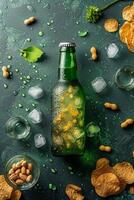 ai generado realista cerveza botella con dorado burbujas en el antecedentes con meriendas. un refrescante bebida sin un etiqueta foto