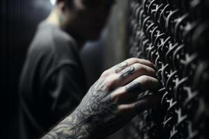 AI generated A man serving his time in prison behind bars photo