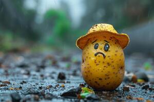 AI generated Potatoes in a yellow hat with a sad smiley face photo