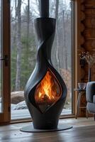 AI generated Modern designer black cast iron fireplace in a country house with a burning fire photo