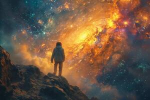 AI generated The Milky Way. The night sky with stars and the silhouette of a standing man . Space background photo