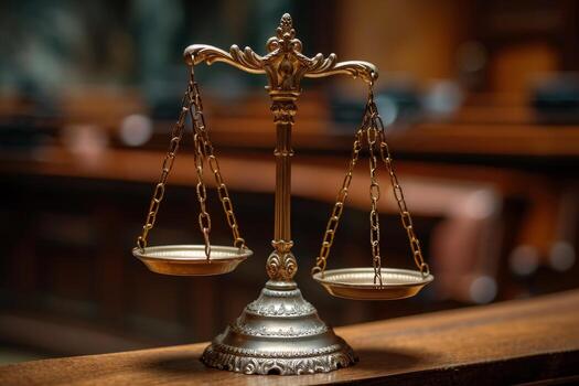 AI generated The scales of justice are on the table in the interior photo