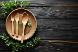 AI generated eco-friendly disposable tableware made of wood on a wooden background. the concept of recycling photo