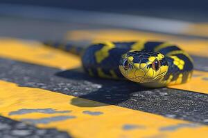 AI generated A snake crawls across a pedestrian crossing on the street photo