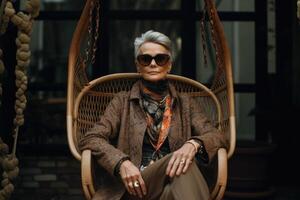 AI generated A stylish elderly woman with glasses is sitting on a chair near her house photo