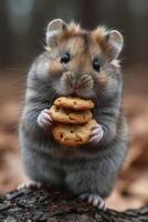 AI generated Hungry pet hamster eats cookies indoors photo