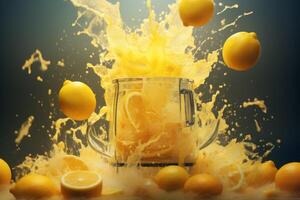 AI generated Lemons and splashes of lemon juice around the decanter photo