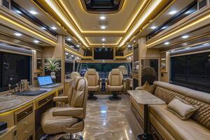 AI generated Luxurious interior inside the motorhome. The concept of a comfortable journey photo