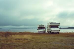 ai generado cámping cerca el lago en un casa rodante . cámping en un camper camioneta foto